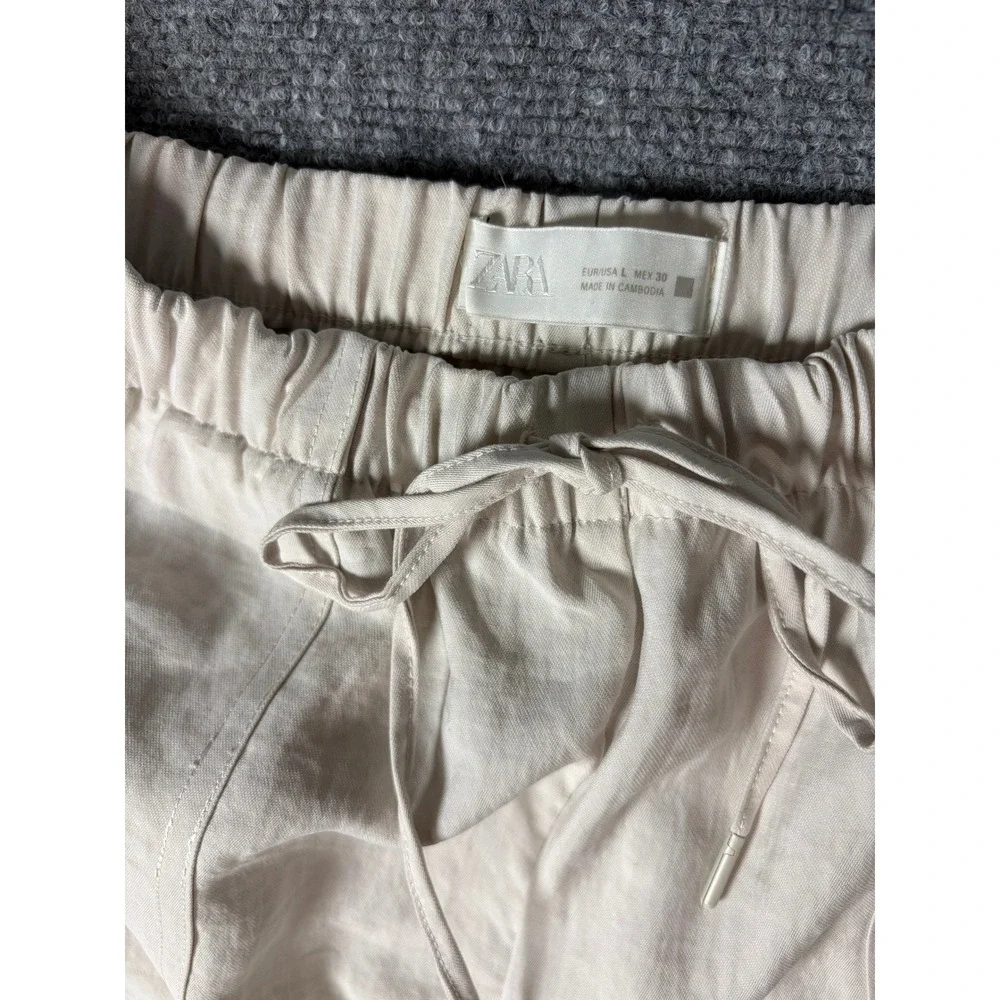 Zara Womens Beige Linen Blend Drawstring Elastic Waist Patch Pocket Pants Large
